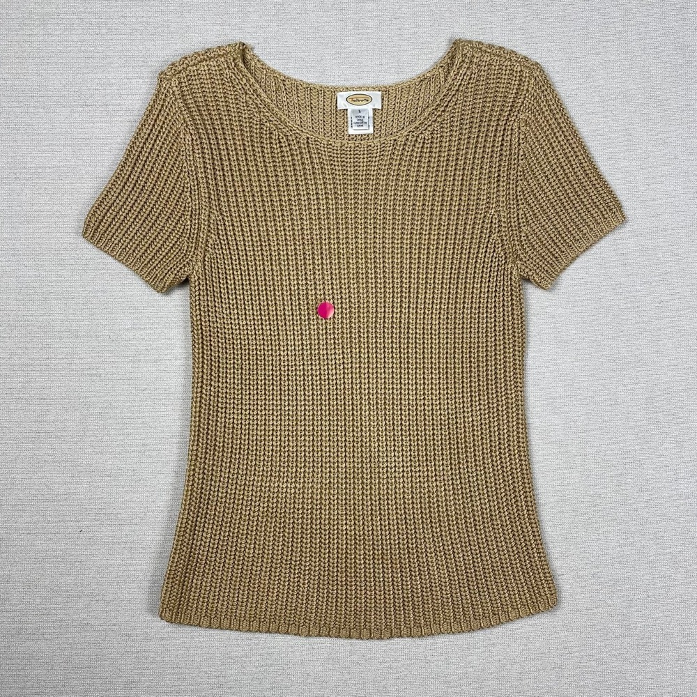Vtg Talbots Sweater Womens M 100% Silk Short Sleeve Chunky Gold Metallic Coastal - Picture 2 of 10